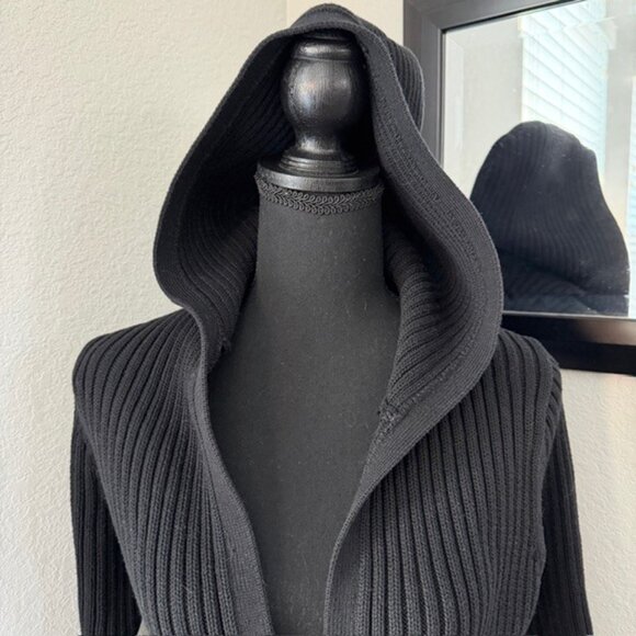 VINTAGE Y2K Black Ribbed Hooded Duster Cardigan Sweater Small - Picture 8 of 11